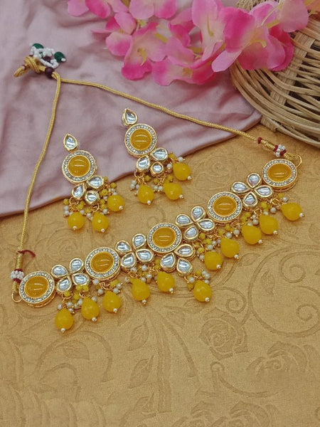 Jewel City Gold-Plated Handcrafted Kundan Yellow Bead Ethnic Jewelry Set – Traditional Necklace & Earrings for Party & Festival Wear