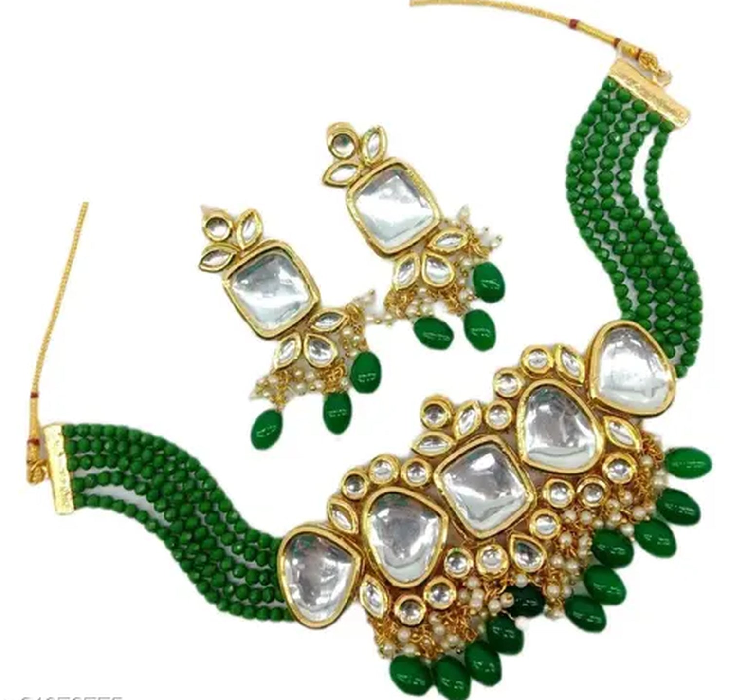 Jewel City Exquisite Kundan Choker Necklace Set with Green Beads - Traditional Indian Wedding Jewelry
