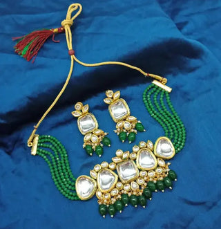 Jewel City Exquisite Kundan Choker Necklace Set with Green Beads - Traditional Indian Wedding Jewelry