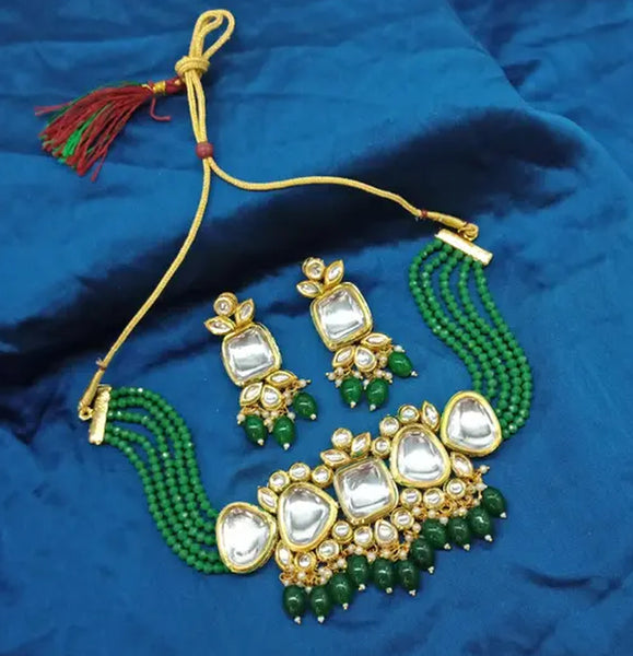 Jewel City Exquisite Kundan Choker Necklace Set with Green Beads - Traditional Indian Wedding Jewelry