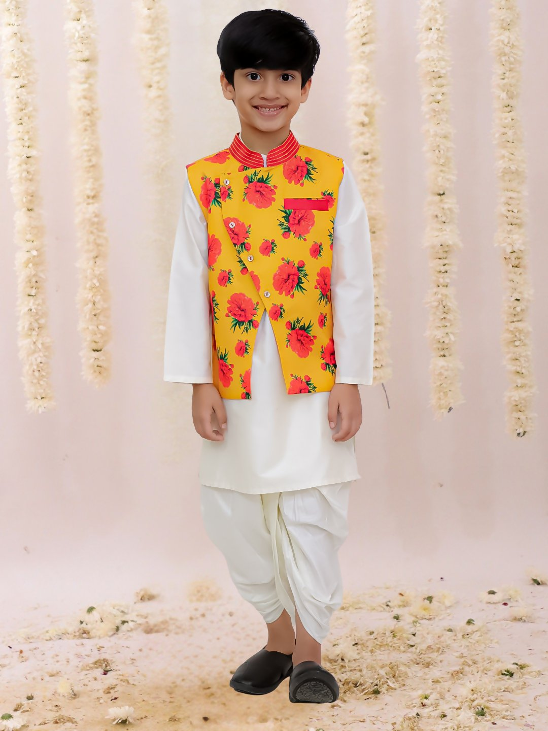 Lil Drama Genda Phool White Kurta and Dhoti with Mustard Jacket Set for Boys
