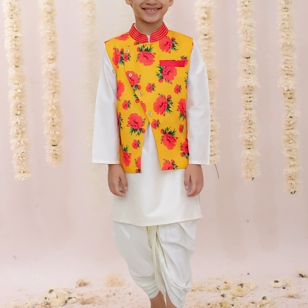 Lil Drama Genda Phool White Kurta and Dhoti with Mustard Jacket Set for Boys