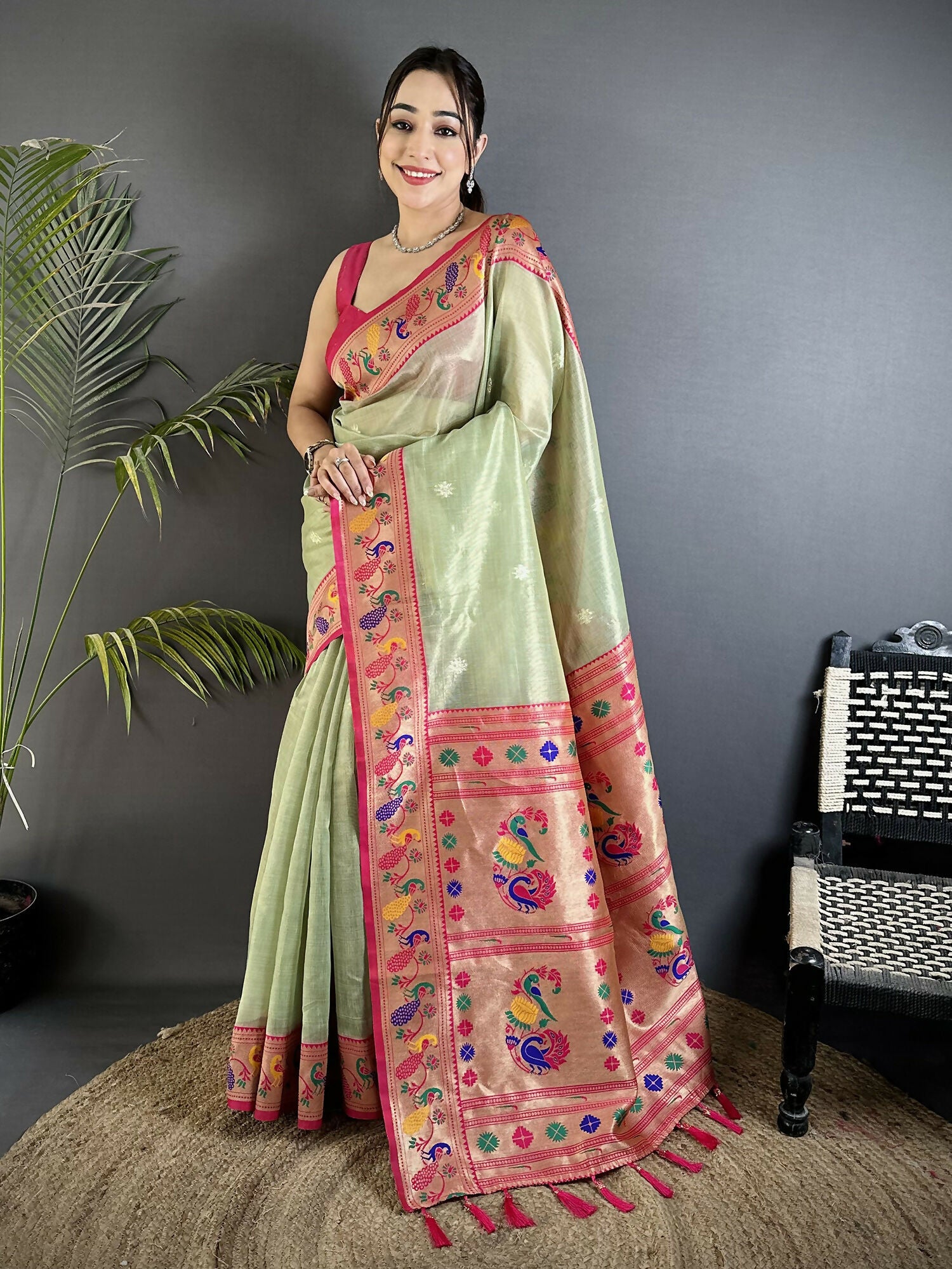 Joban Fashion Pista Green Zari Weaving Tissue Paithani Saree - Dista