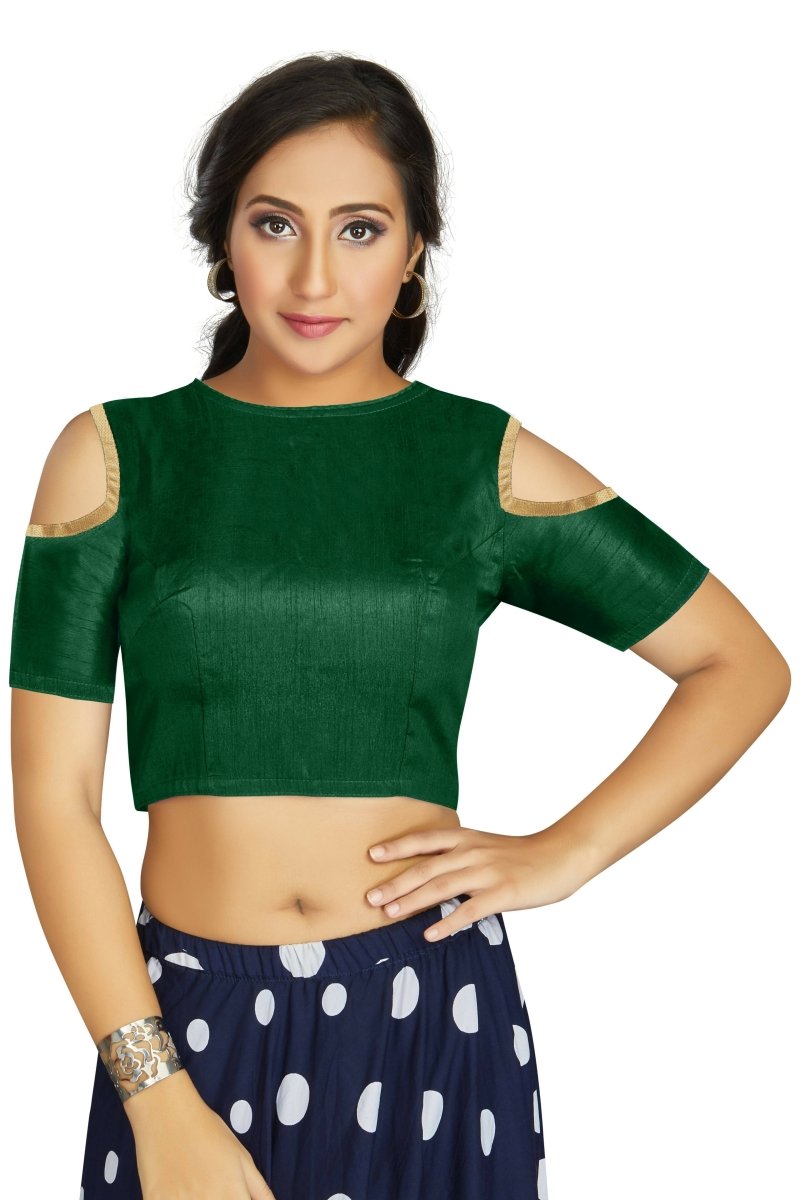 Aastha Fashion Women's Green Art Silk Cold Shoulder Sleeve Readymade Blouse - Distacart