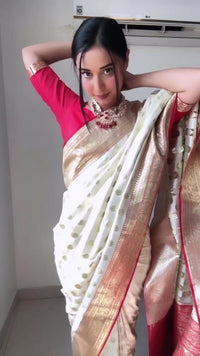 Thumbnail for Malishka litchi Silk Jacquard Ready To Wear Saree With Blouse Piece - White - Distacart