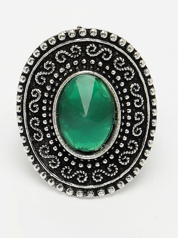NVR Women's Green Silver-Toned German Silver Adjustable Finger Ring - Distacart