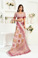 Thumbnail for Vastranavya White Maroon Digital Printed Linen Ready To Wear Designer Saree with Unstitched Blouse - Distacart