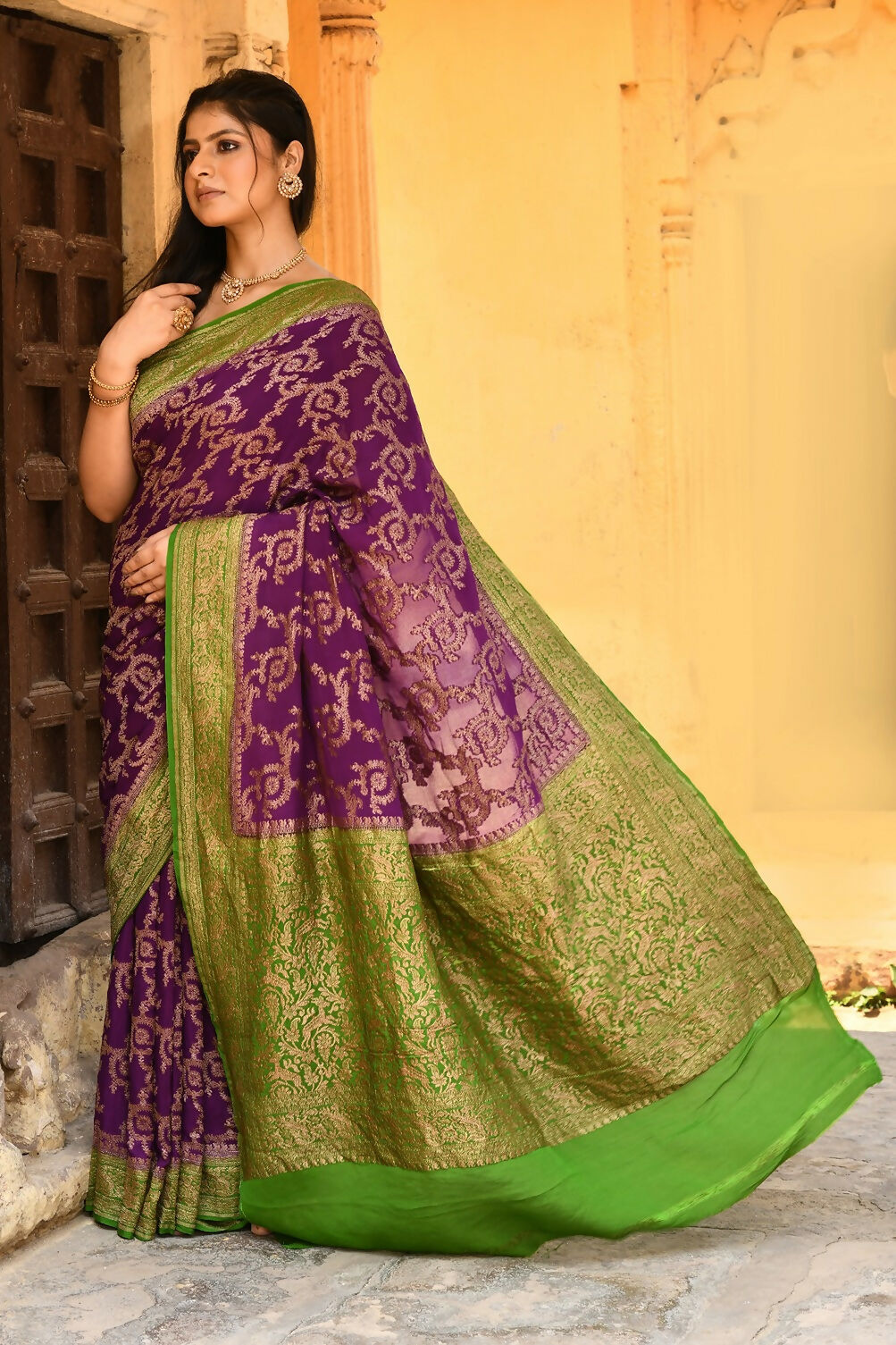 Joban Fashion Purple Crepe Chiffon Pure Handloom Banarasi Silk Saree