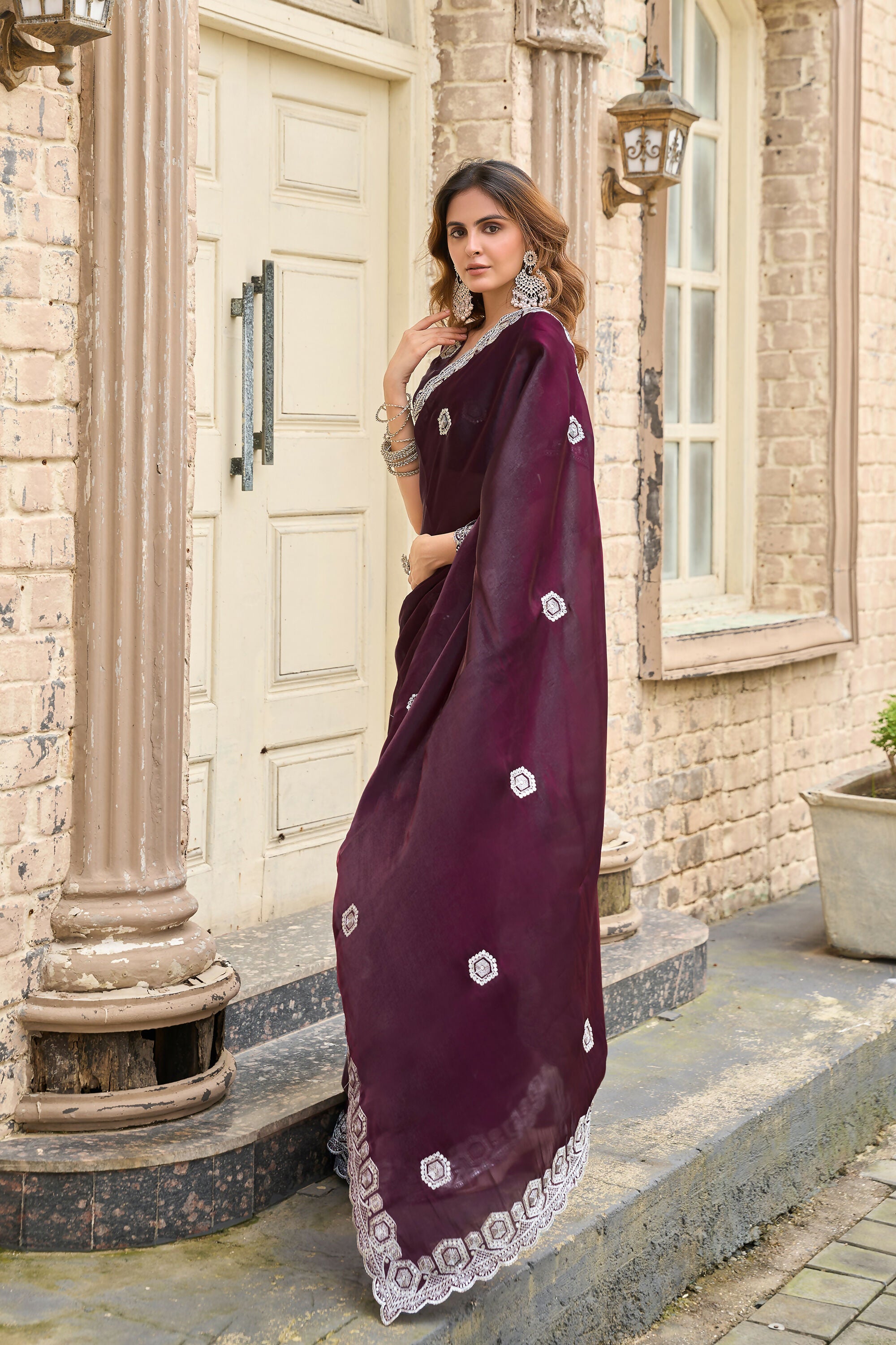 Vastranavya Wine Embroidery Work Shimmer Chiffon Saree with Unstitched Blouse