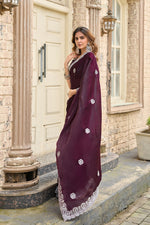 Thumbnail for Vastranavya Wine Embroidery Work Shimmer Chiffon Saree with Unstitched Blouse