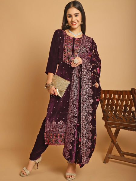 Aastha Fashion Women's Wine Velvet Floral Resham Thread with Jari & Sequince work Designer Straight Suit Set - Distacart