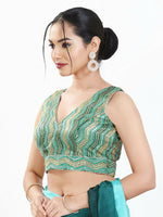 Thumbnail for Joban Fashion Green Multi Silk Padded Blouse With V Neck Sleeveless - Distacart