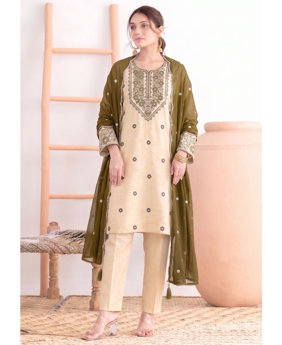 KC Khadi Cotton White Suit With Mahendi Dupatta 3 Piece Pair For Women - Dista