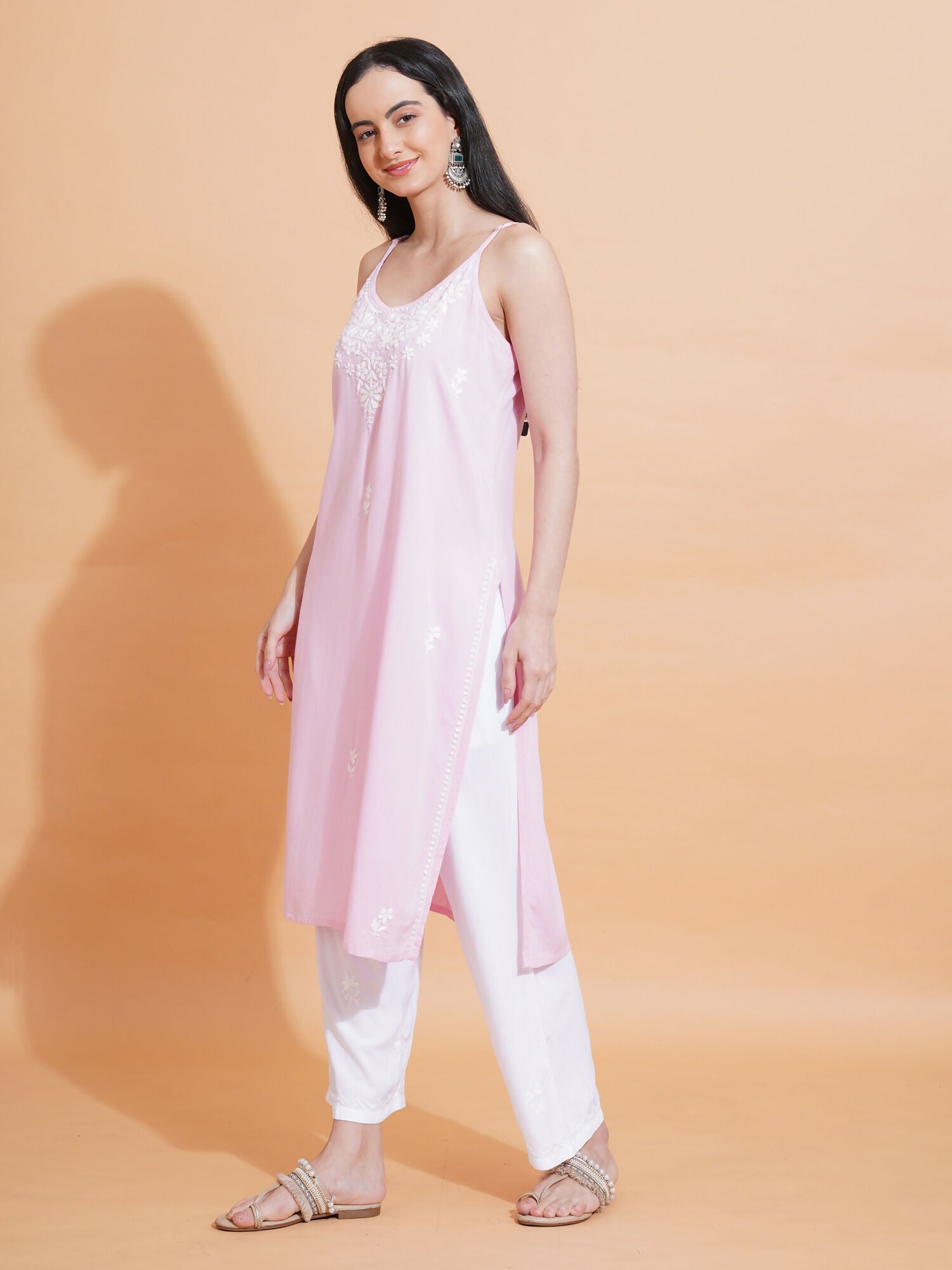 Pahnaz Luxury Rayon Chikankari Sleeveless Long Kurti-Pink - Dista