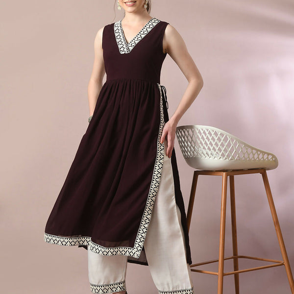 Myshka Women's Coffee Brown Solid Georgette Anarkali Party Kurta Set - Distacart
