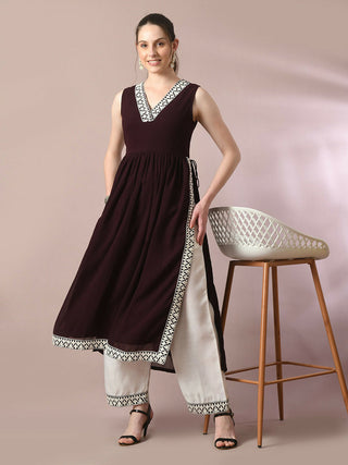 Myshka Women's Coffee Brown Solid Georgette Anarkali Party Kurta Set - Distacart
