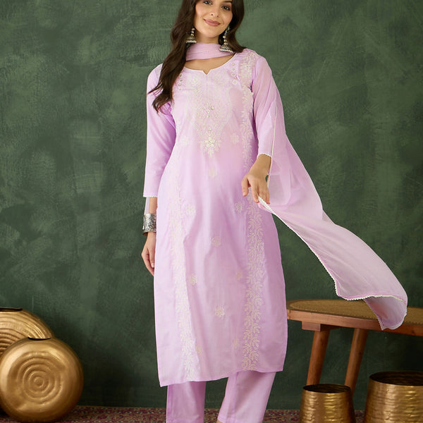The52 Purple Women's Gorgeous Cotton Blend Fabric Thread Work Straight Kurta, Pant and Dupatta Set - Distacart