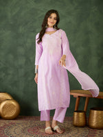 Thumbnail for The52 Purple Women's Gorgeous Cotton Blend Fabric Thread Work Straight Kurta, Pant and Dupatta Set - Distacart