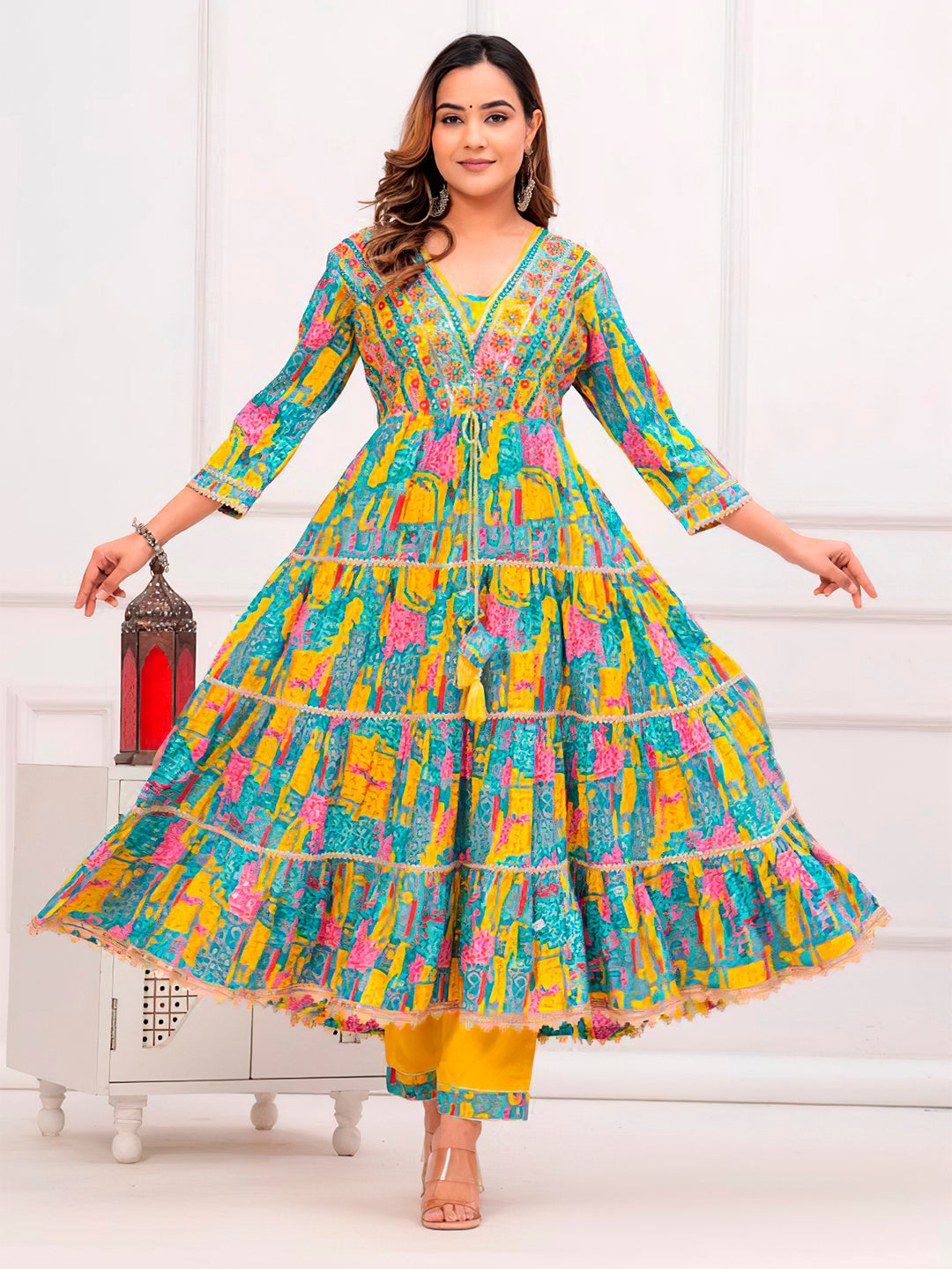 Embroidered & Printed Multicoloured Flared Kurta With Pant & Dupatta Premium Luxury, Multicolor - Hiral Fashion - Distacart