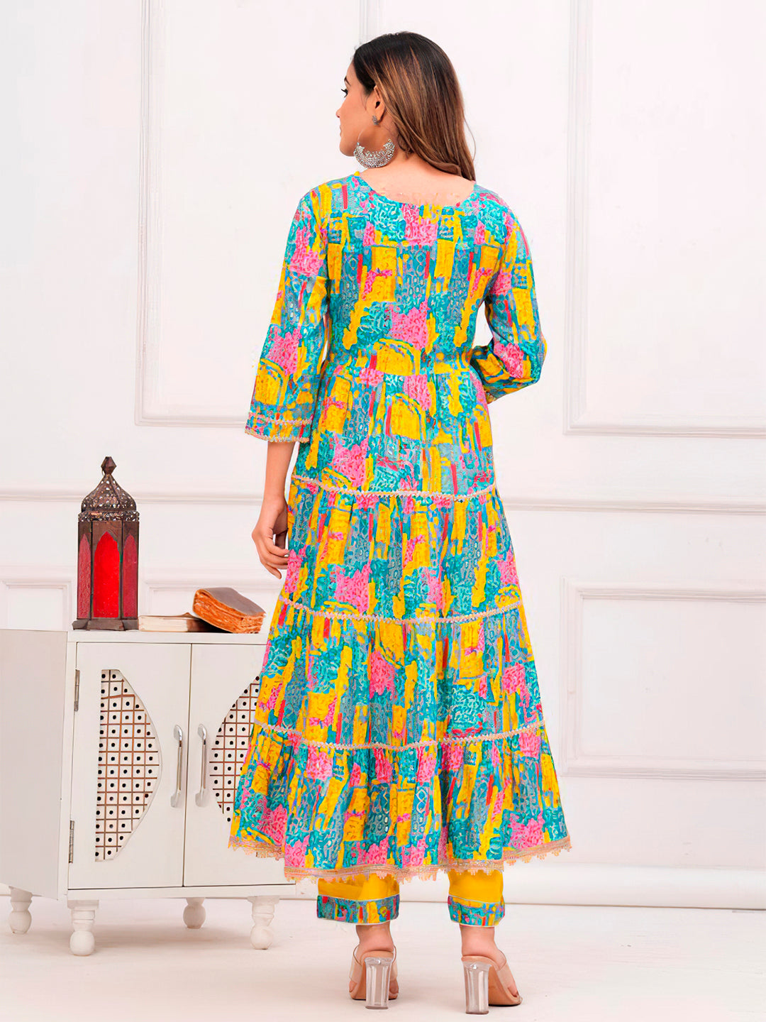 Embroidered & Printed Multicoloured Flared Kurta With Pant & Dupatta Premium Luxury, Multicolor - Hiral Fashion - Distacart