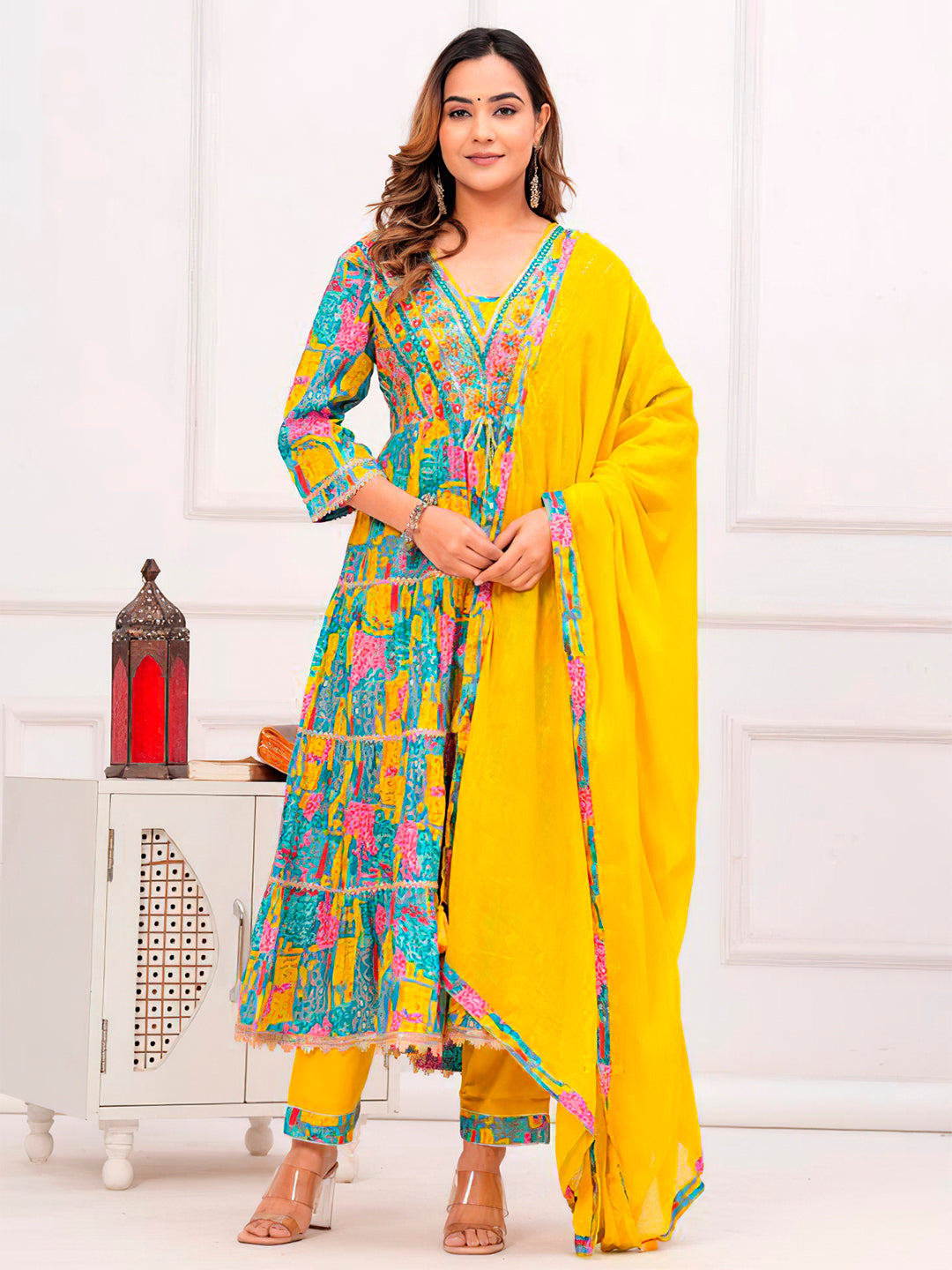 Embroidered & Printed Multicoloured Flared Kurta With Pant & Dupatta Premium Luxury, Multicolor - Hiral Fashion - Distacart