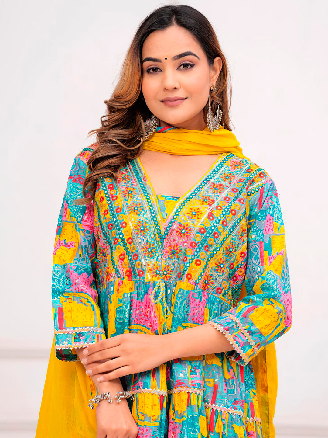Embroidered & Printed Multicoloured Flared Kurta With Pant & Dupatta Premium Luxury, Multicolor - Hiral Fashion - Distacart