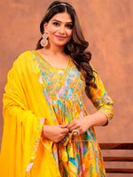 Thumbnail for Embroidered & Printed Multicoloured Flared Kurta With Pant & Dupatta Luxury Premium, Yellow - Hiral Fashion - Distacart