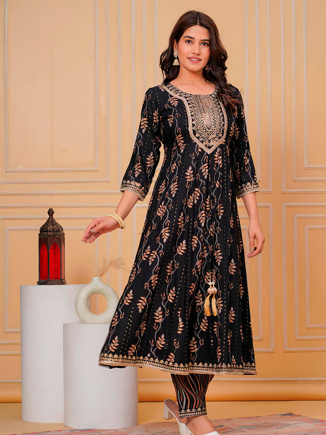 Embroidered & Leaf Printed Flared Kurta With Pant & Dupatta Luxury Premium, Black - Hiral Fashion - Distacart
