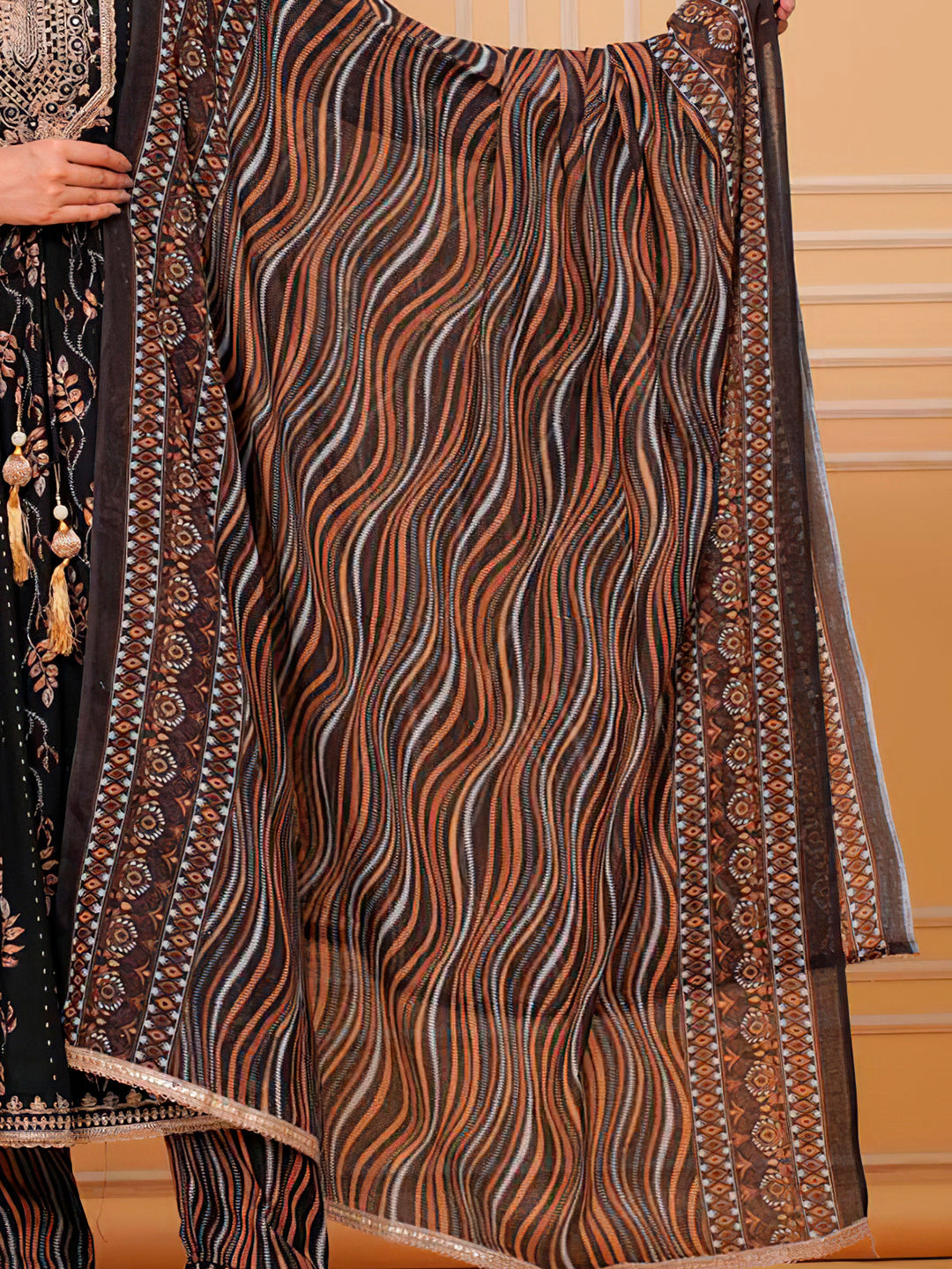 Embroidered & Leaf Printed Flared Kurta With Pant & Dupatta Luxury Premium, Black - Hiral Fashion - Distacart