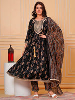 Thumbnail for Embroidered & Leaf Printed Flared Kurta With Pant & Dupatta Luxury Premium, Black - Hiral Fashion - Distacart