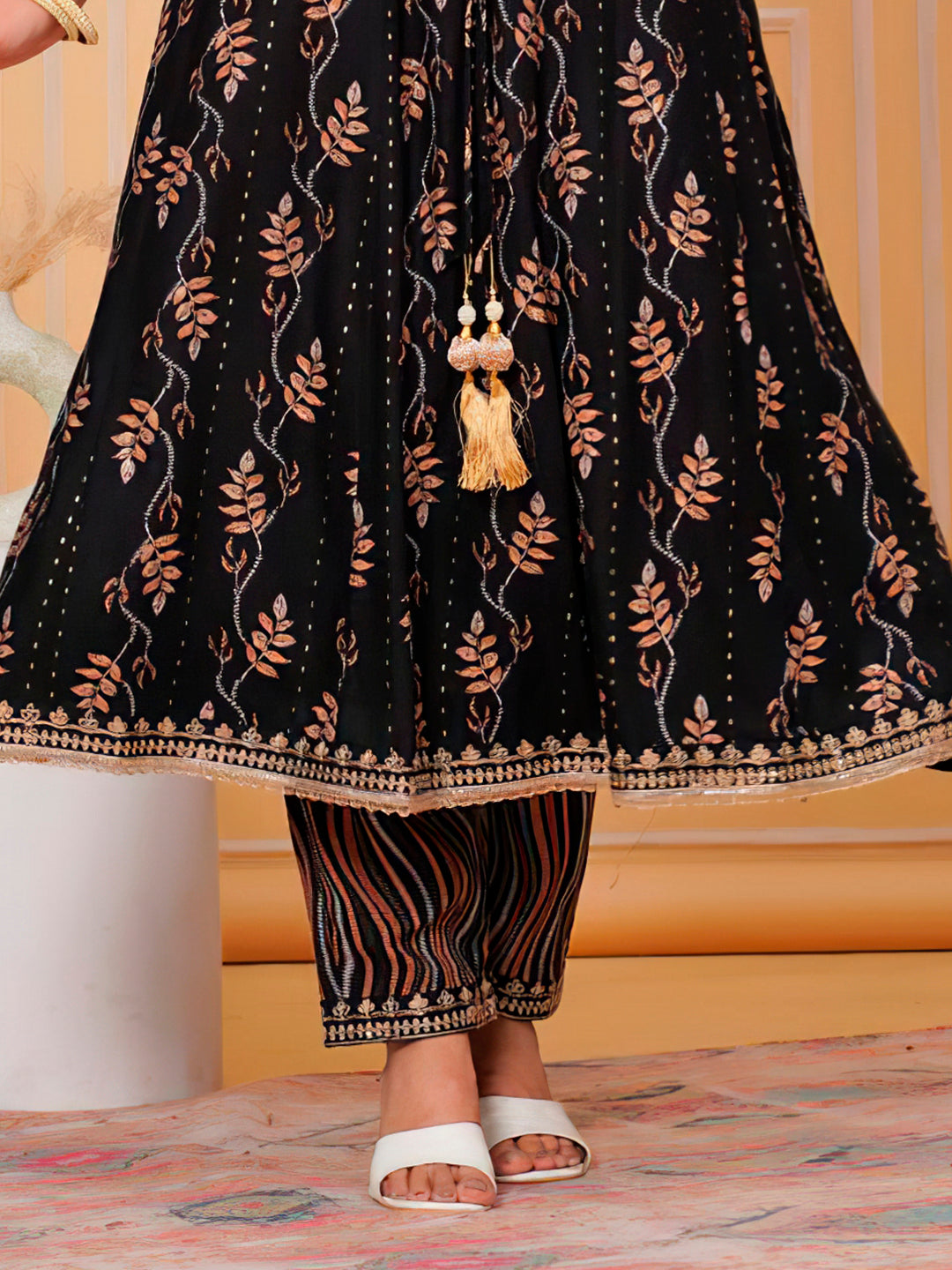 Embroidered & Leaf Printed Flared Kurta With Pant & Dupatta Luxury Premium, Black - Hiral Fashion - Distacart