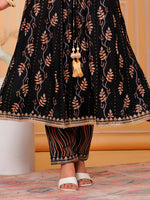Thumbnail for Embroidered & Leaf Printed Flared Kurta With Pant & Dupatta Luxury Premium, Black - Hiral Fashion - Distacart