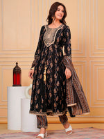 Thumbnail for Embroidered & Leaf Printed Flared Kurta With Pant & Dupatta Luxury Premium, Black - Hiral Fashion - Distacart