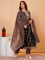 Thumbnail for Embroidered & Leaf Printed Flared Kurta With Pant & Dupatta Luxury Premium, Black - Hiral Fashion - Distacart
