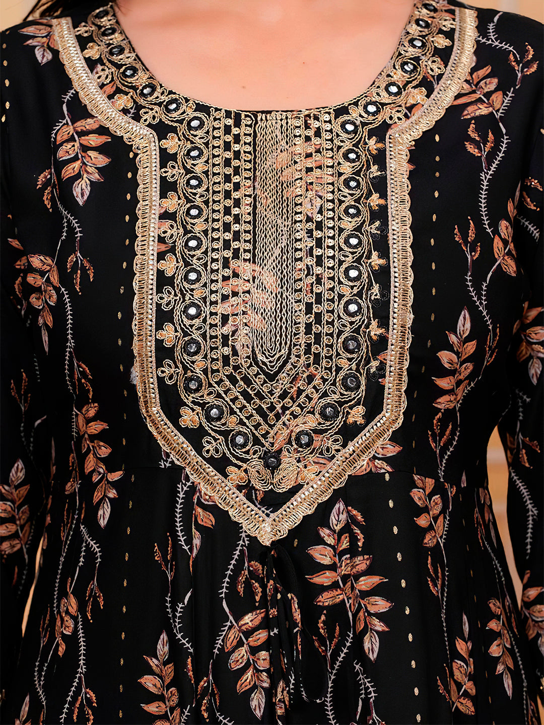Embroidered & Leaf Printed Flared Kurta With Pant & Dupatta Luxury Premium, Black - Hiral Fashion - Distacart