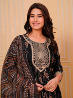 Thumbnail for Embroidered & Leaf Printed Flared Kurta With Pant & Dupatta Luxury Premium, Black - Hiral Fashion - Distacart