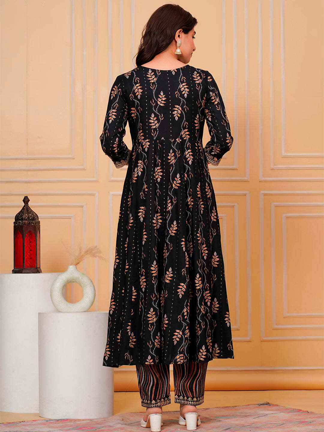 Embroidered & Leaf Printed Flared Kurta With Pant & Dupatta Luxury Premium, Black - Hiral Fashion - Distacart