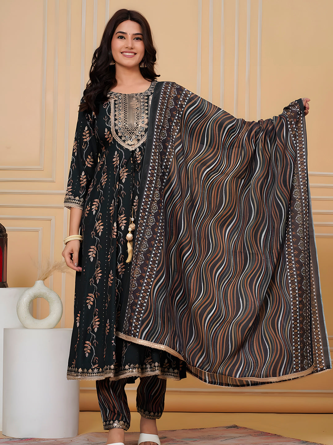 Embroidered & Leaf Printed Flared Kurta With Pant & Dupatta, Bottle-Green - Hiral Fashion - Distacart
