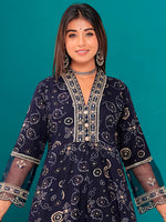 Thumbnail for Embroidered & Bandhani Printed Kurta With Pant & Dupatta, Navy Blue - Hiral Fashion - Distacart