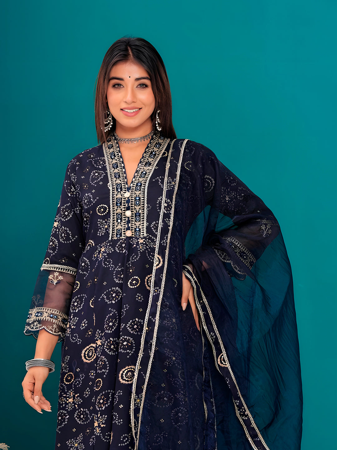 Embroidered & Bandhani Printed Kurta With Pant & Dupatta, Navy Blue - Hiral Fashion - Distacart