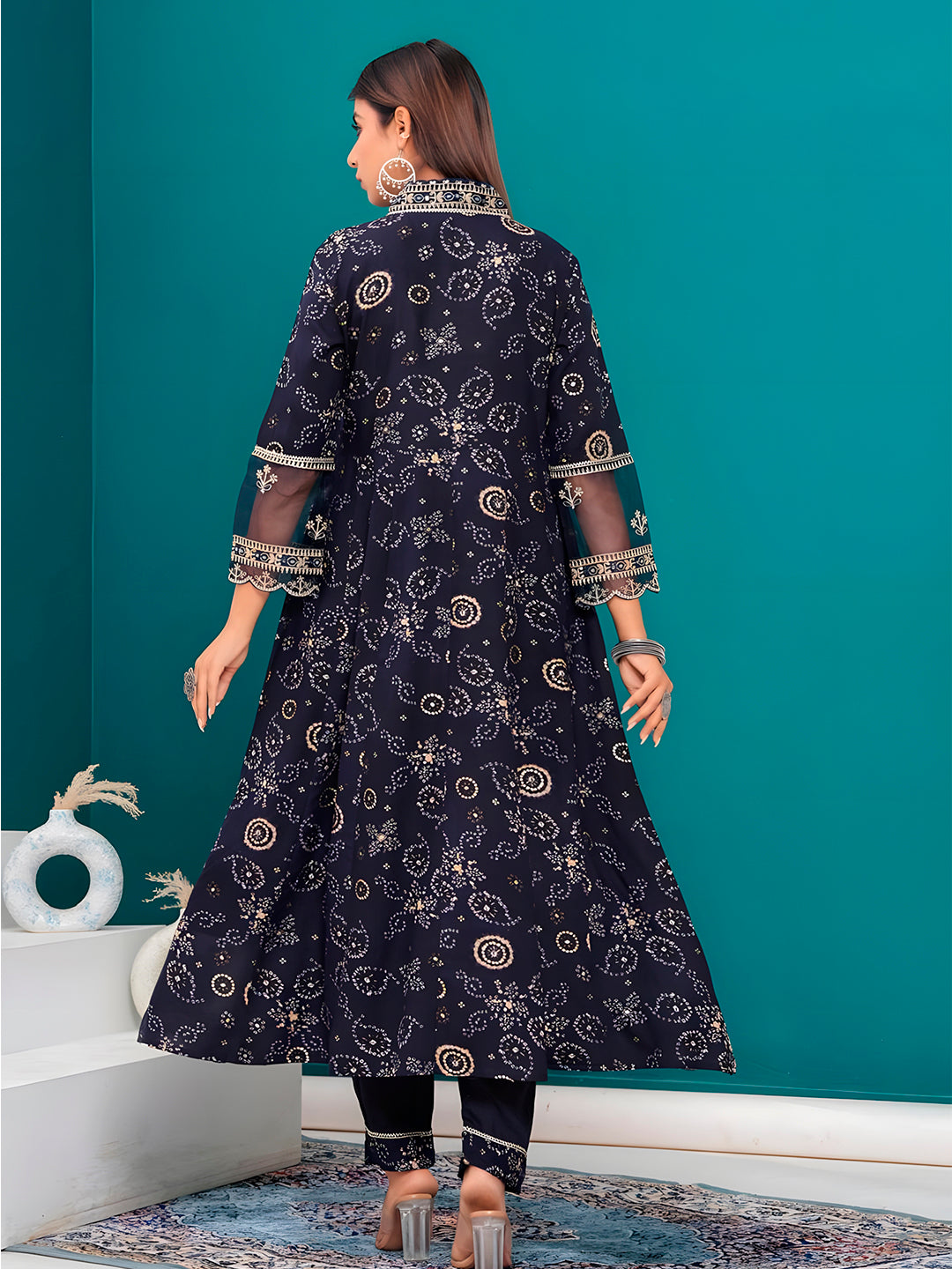 Embroidered & Bandhani Printed Kurta With Pant & Dupatta, Navy Blue - Hiral Fashion - Distacart