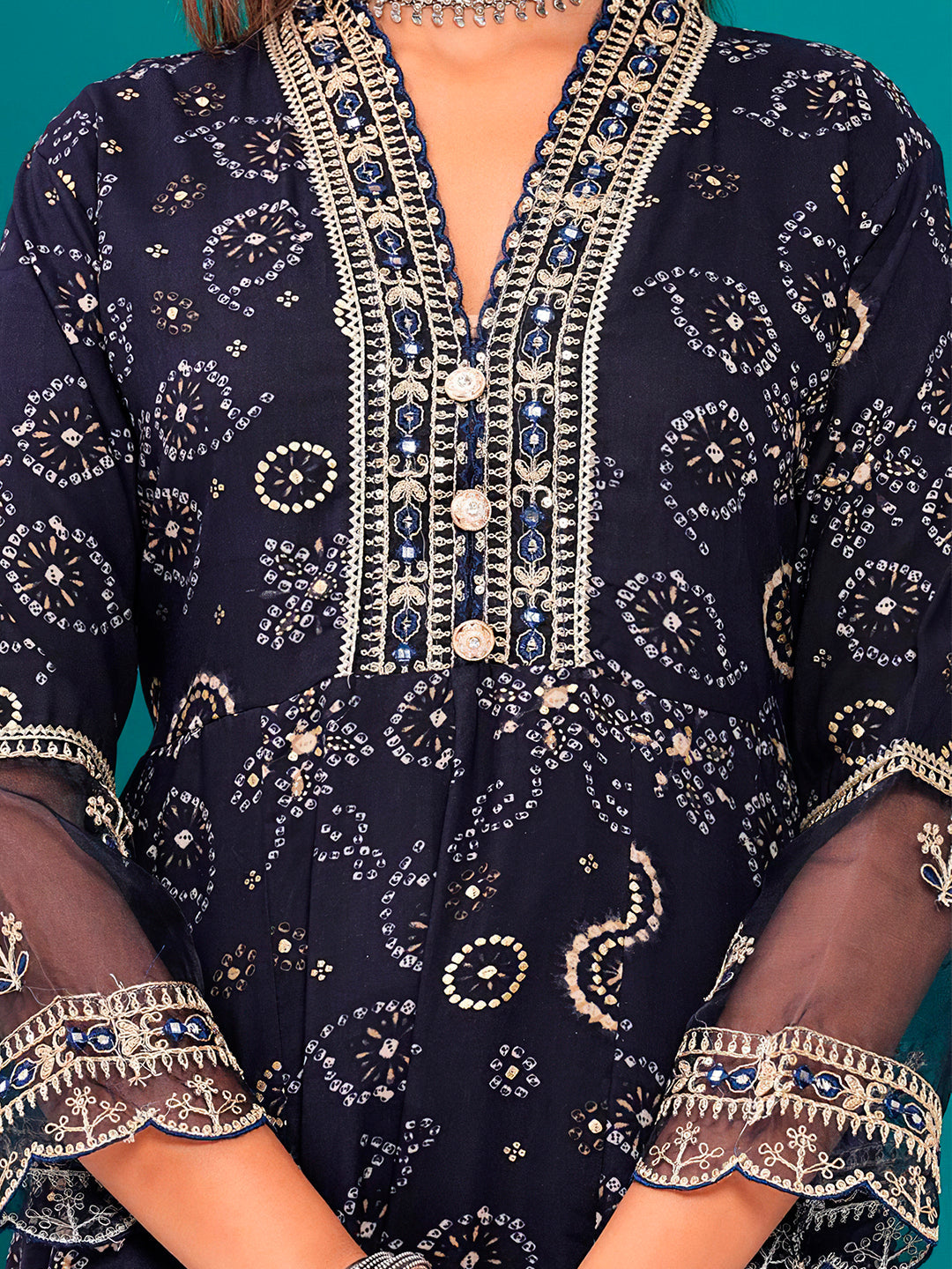 Embroidered & Bandhani Printed Kurta With Pant & Dupatta, Navy Blue - Hiral Fashion - Distacart