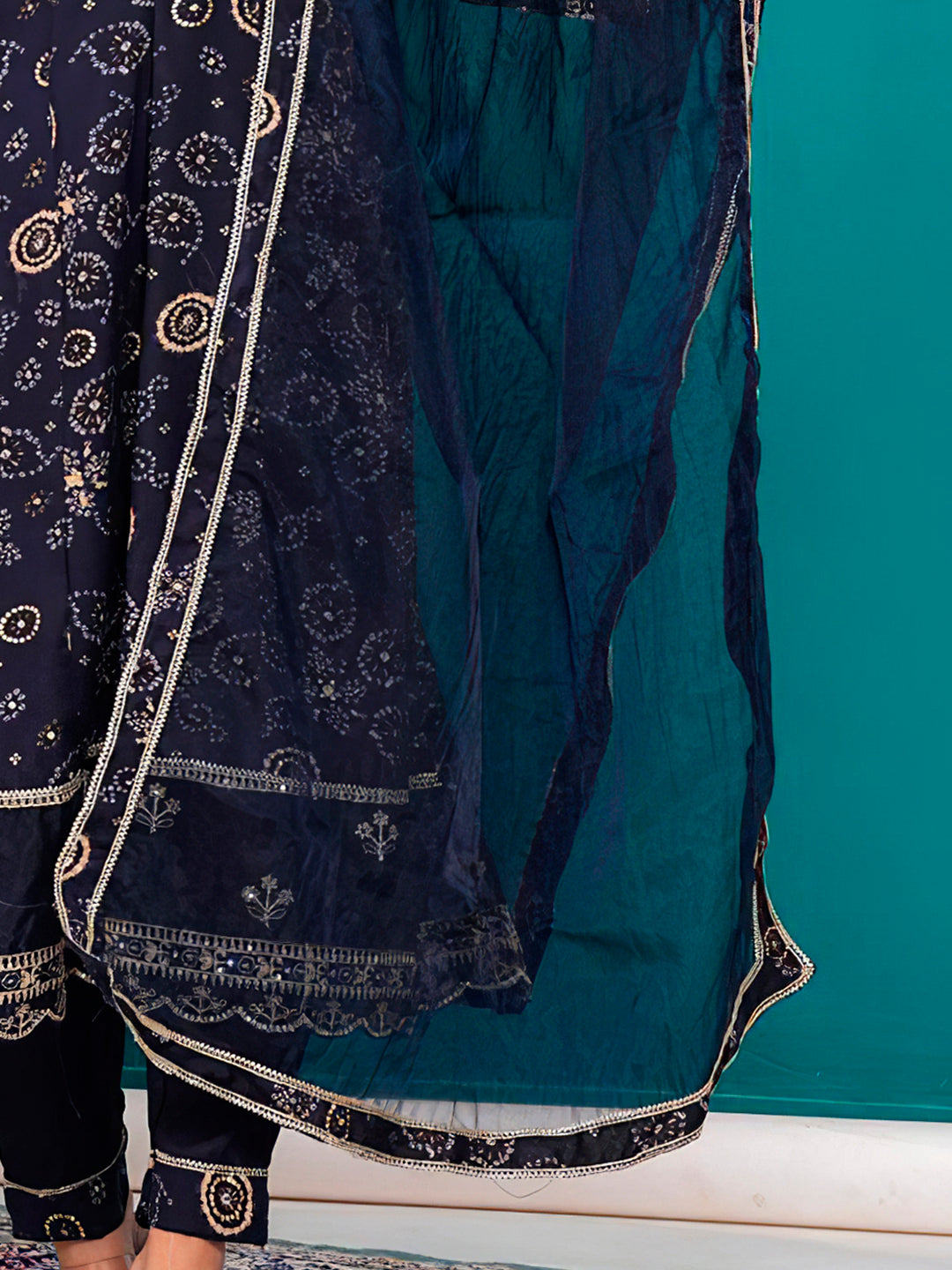 Embroidered & Bandhani Printed Kurta With Pant & Dupatta, Navy Blue - Hiral Fashion - Distacart