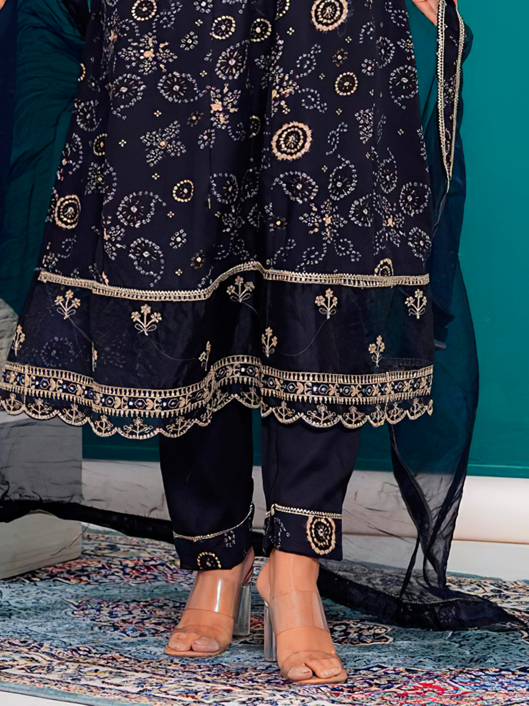 Embroidered & Bandhani Printed Kurta With Pant & Dupatta, Navy Blue - Hiral Fashion - Distacart