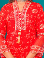 Thumbnail for Embroidered & Bandhani Printed Kurta With Pant & Dupatta, Red - Hiral Fashion - Distacart