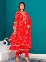 Thumbnail for Embroidered & Bandhani Printed Kurta With Pant & Dupatta, Red - Hiral Fashion - Distacart