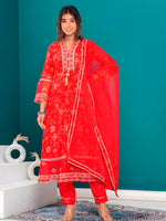 Thumbnail for Embroidered & Bandhani Printed Kurta With Pant & Dupatta, Red - Hiral Fashion - Distacart
