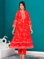 Thumbnail for Embroidered & Bandhani Printed Kurta With Pant & Dupatta, Red - Hiral Fashion - Distacart