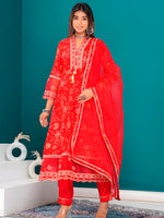 Thumbnail for Embroidered & Bandhani Printed Kurta With Pant & Dupatta, Red - Hiral Fashion - Distacart