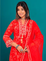 Thumbnail for Embroidered & Bandhani Printed Kurta With Pant & Dupatta, Red - Hiral Fashion - Distacart